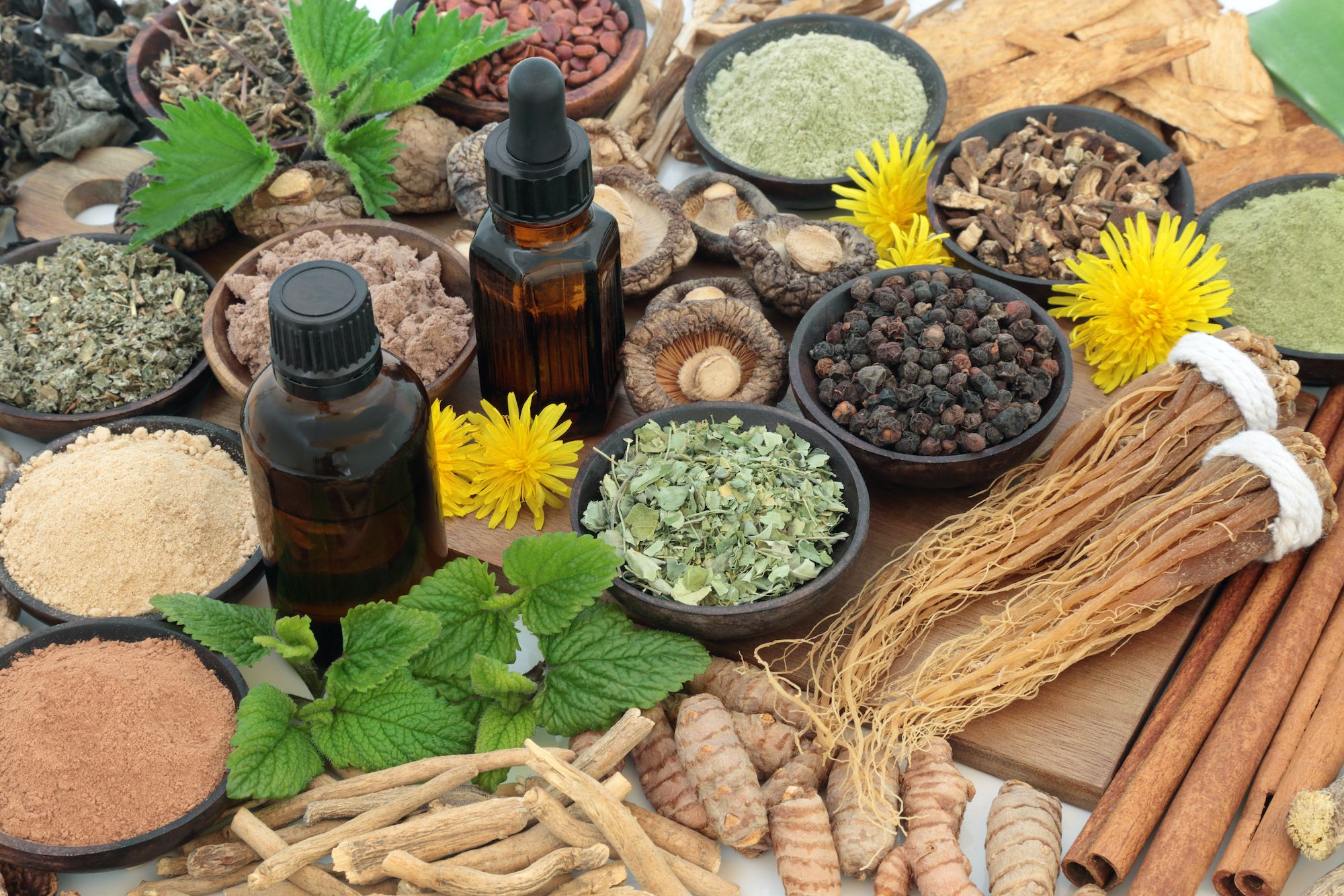 An image showing a selection of herbs commonly used for treating erectile dysfunction, including the herbs for erectile dysfunction such as ginseng, horny goat weed, and maca root.