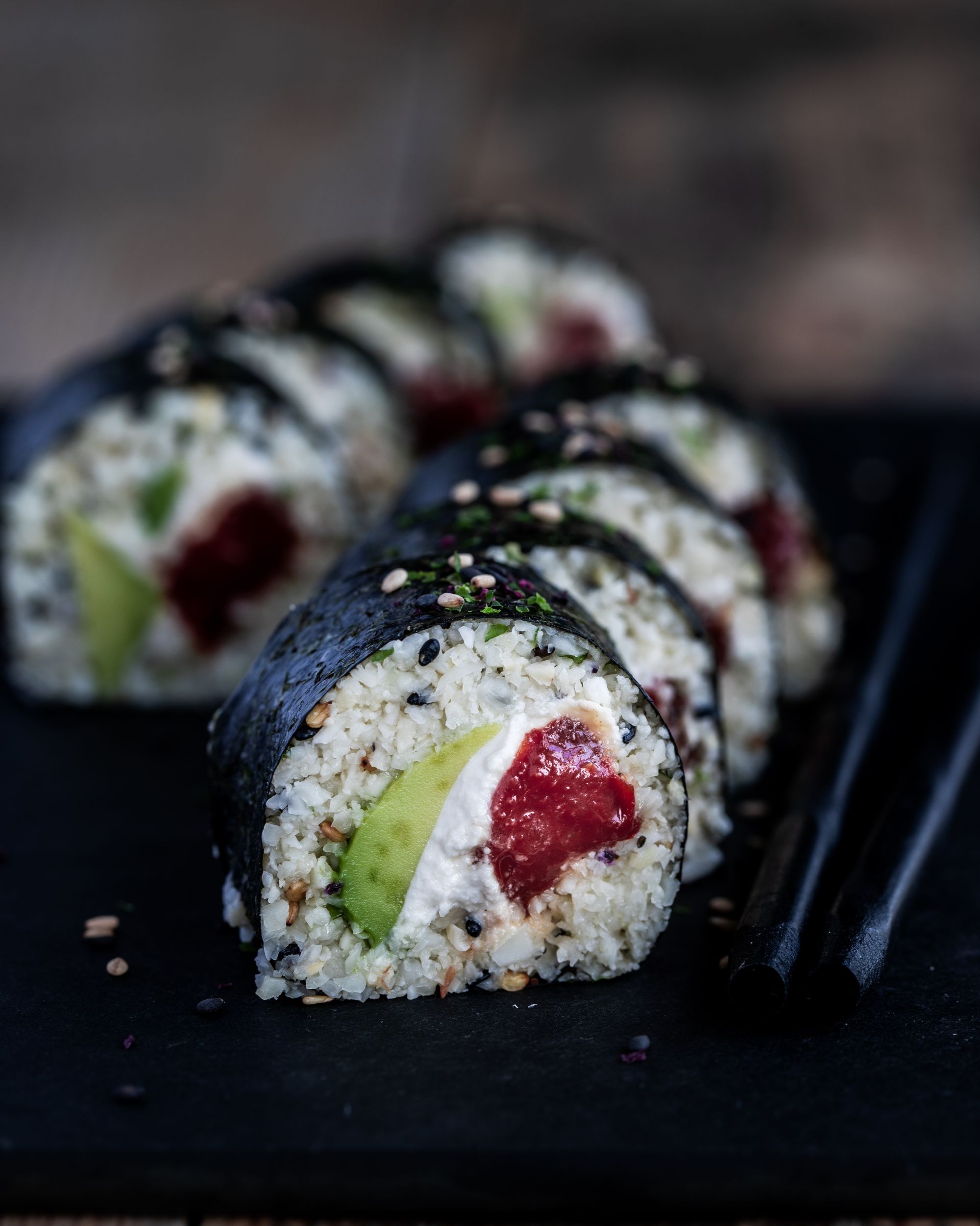 I like a sprinkle of sesame seed and nori over the top of the finished sushi
