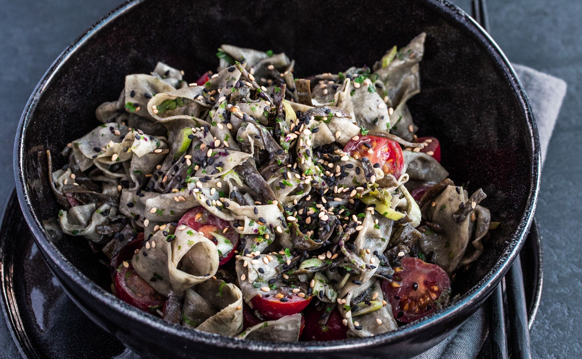 Mooli Noodles with Black Sesame Arame Sauce