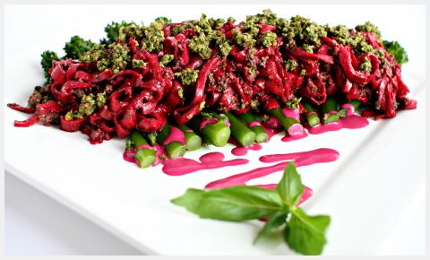 Purple Pasta with Walnut Pesto & Tenderstem Broccoli