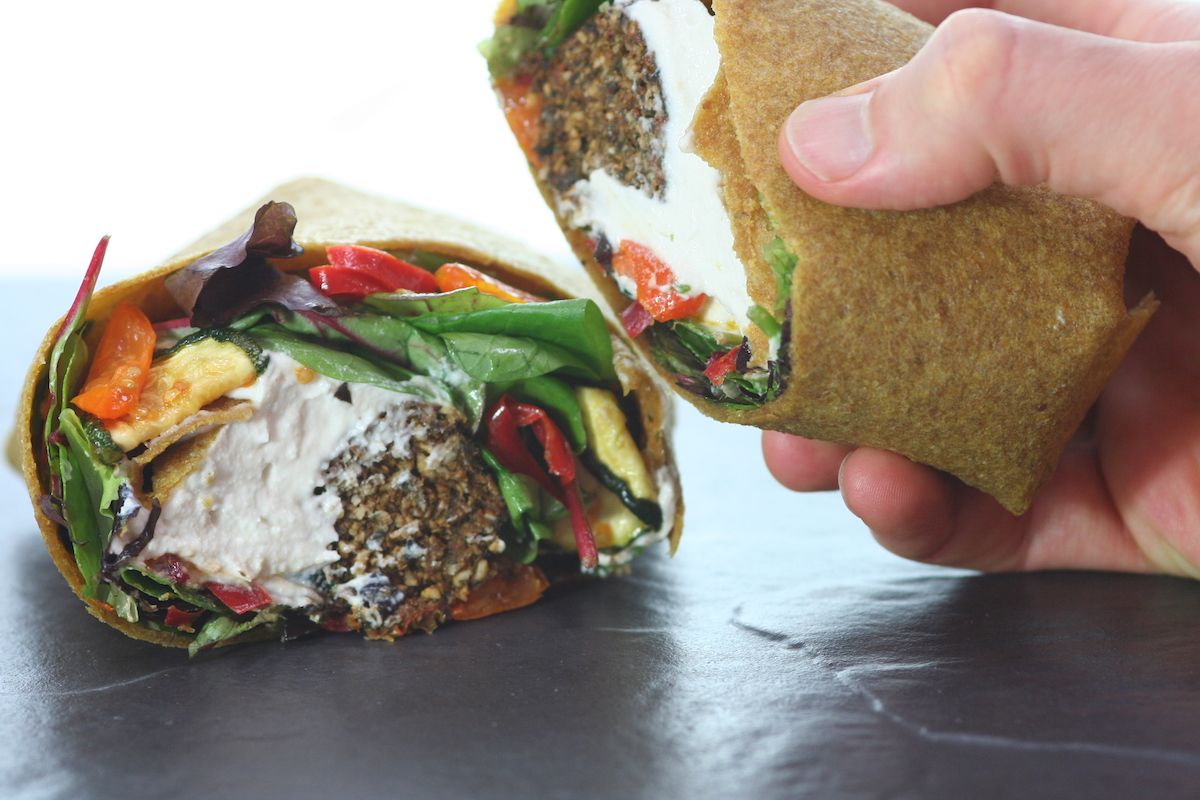 Falafel & Hummus Wrap with Mediterranean “Roasted” Vegetables