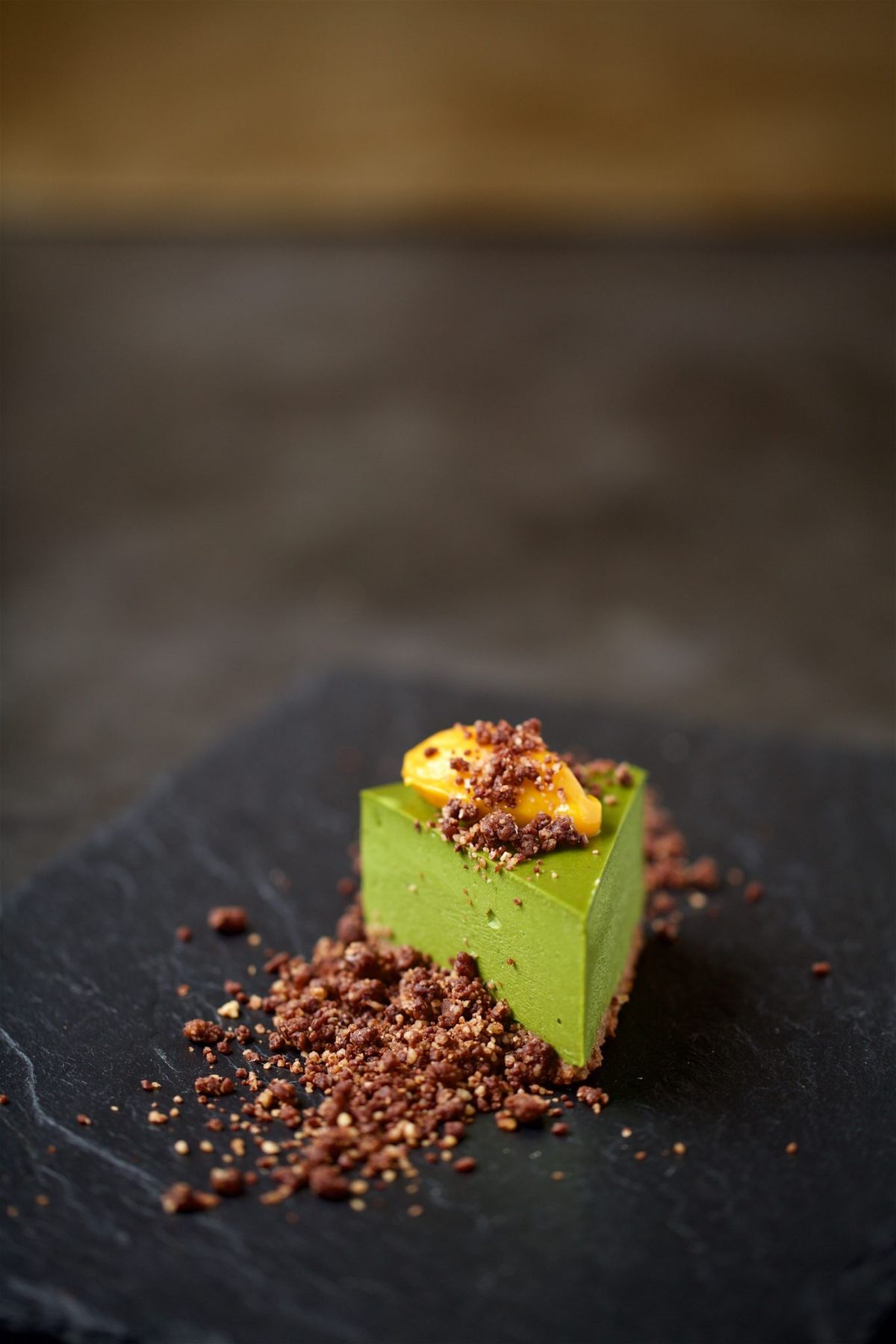 Matcha Cheesecake, Cacao Soil, Mango Jam