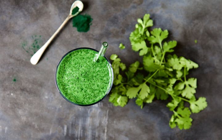 Overhead shot of the heavy metal smoothie with coriander (cilantro) and spirulina