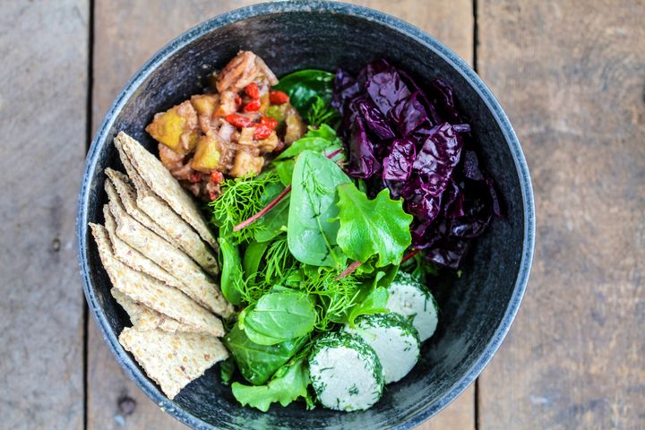 Raw buckwheat crackers in a raw fermented salad bowl