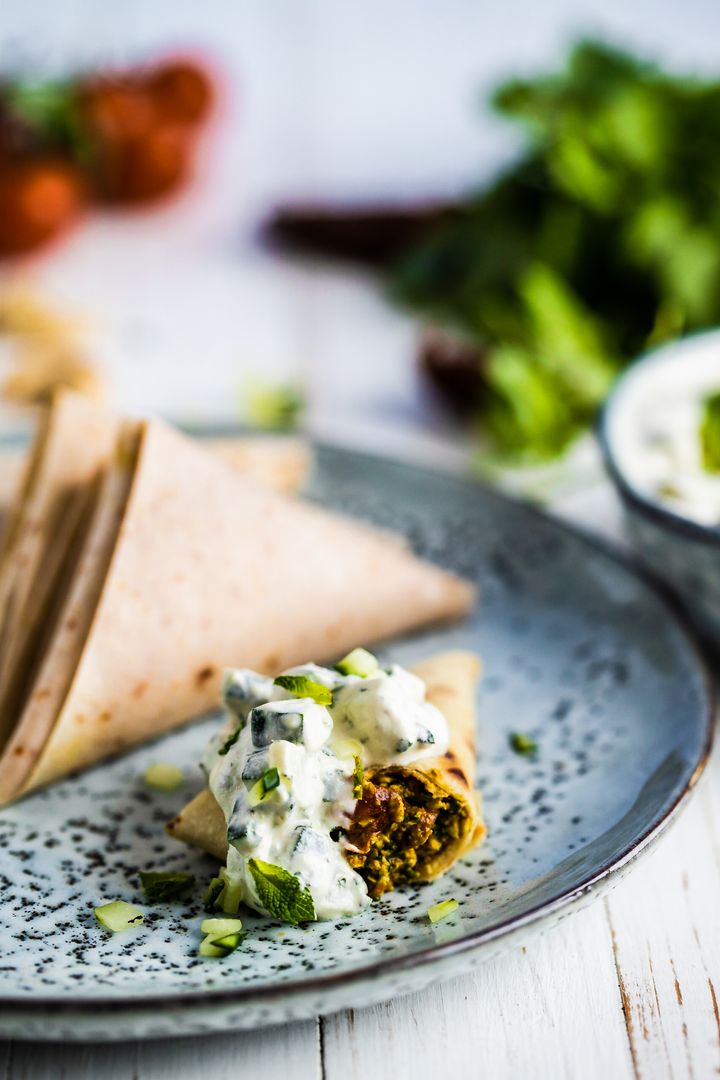 Coconut Samosas with Cucumber Mint Cashew Raita