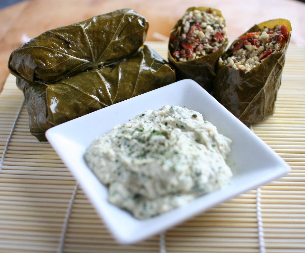 Stuffed vine leaves with parsnip rice and cashew aoli