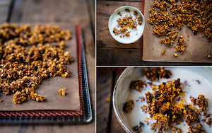 Collage of 3 images of carrot cake granola with almond milk