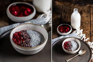 Collage of 2 images with vanilla chia pudding and almond milk
