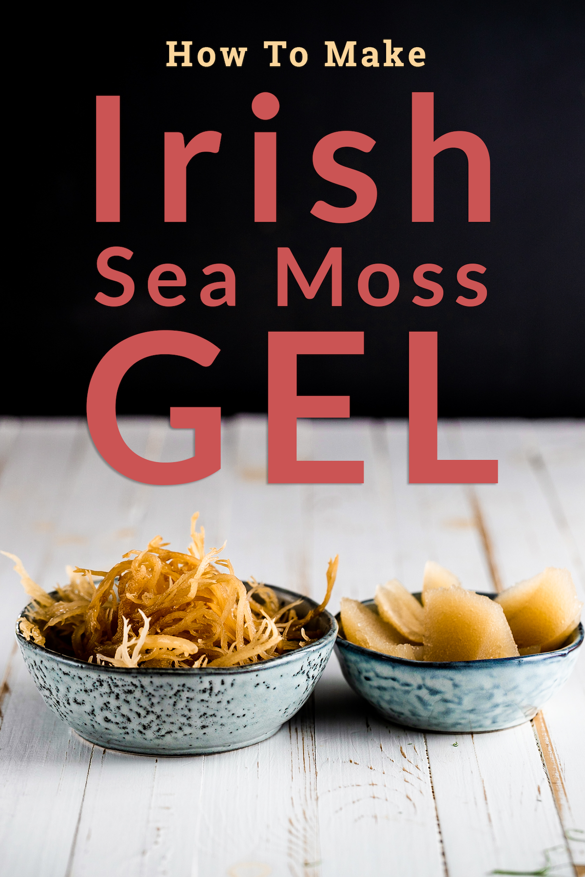 Irish moss and Irish moss gel in blue dishes on a white background with text above