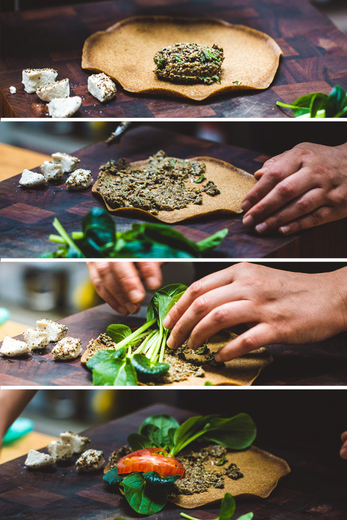 First four stages of making a Greek raw breakfast wrap on a wooden chopping board