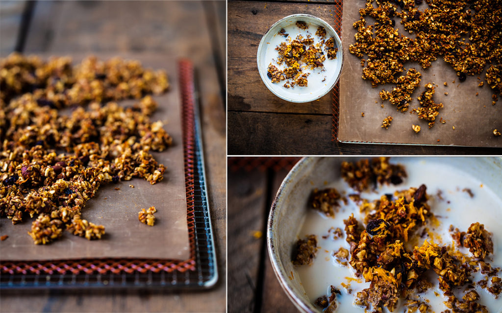 3 different images of raw carrot cake granola on a wooden board