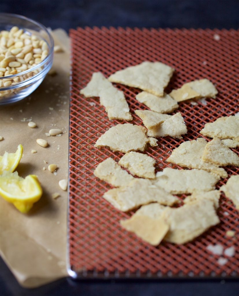 Pine nut parmesan on a dehydrator tray with some lemon and pine nuts on the side