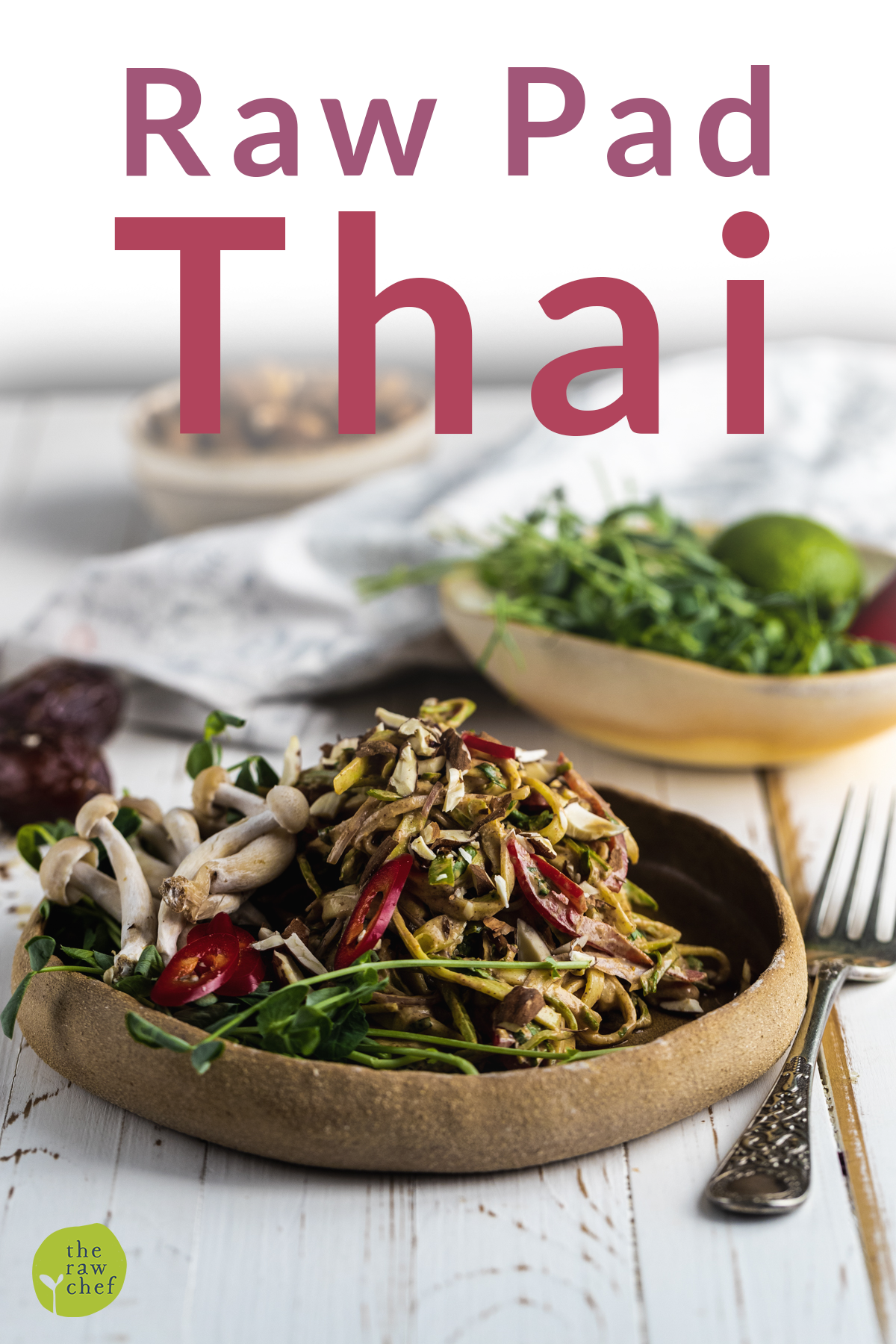 Raw pad Thai in a brown bowl on a white background with a fork