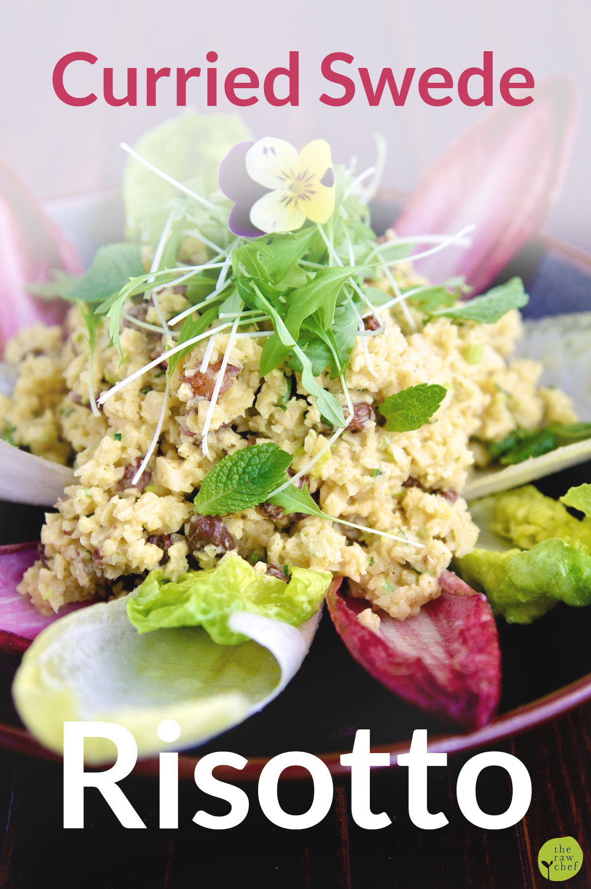 Raw food recipe of curried swede risotto on a brown place and wooden background