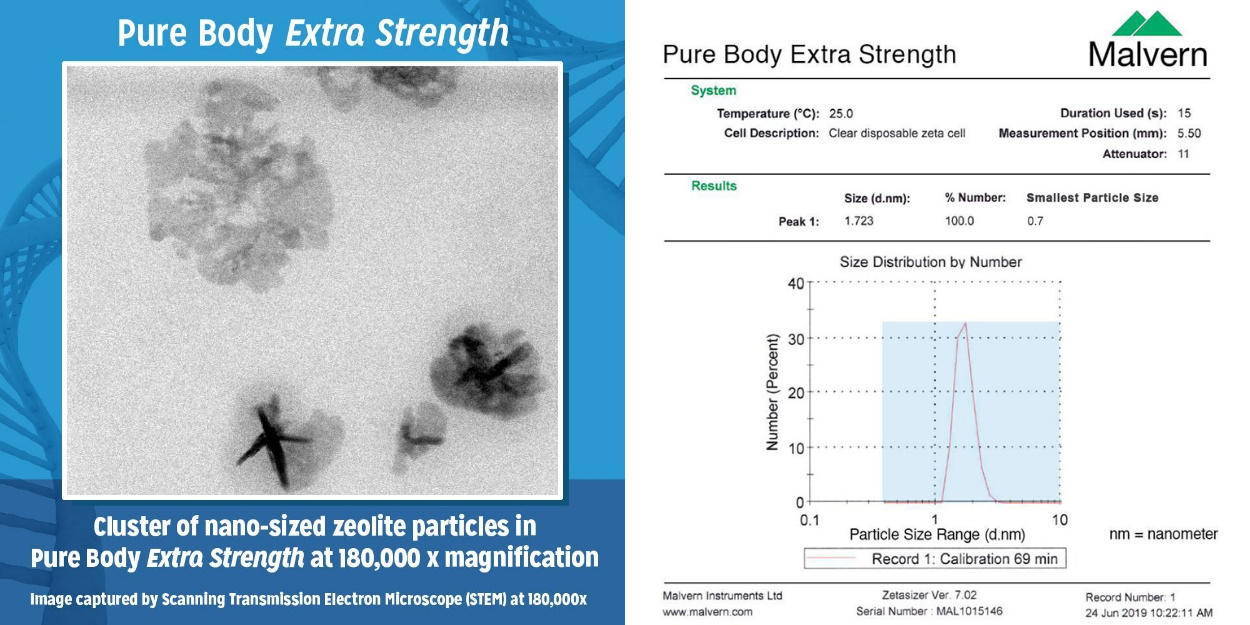 Microscope image and chart showing the nanosized particles of Pure Body Extra Strength