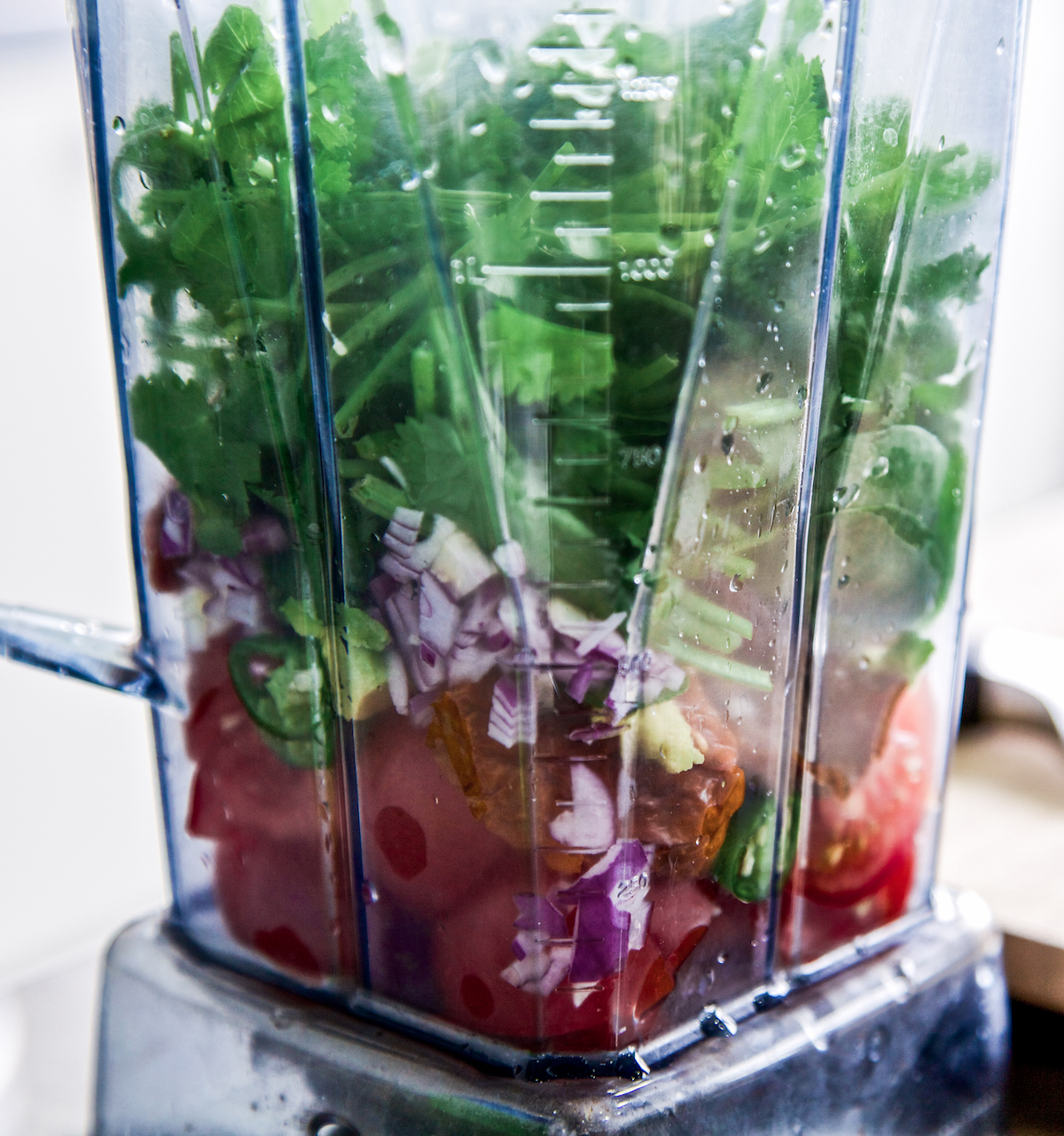 Raw Mexican tomato soup ingredients in a blender