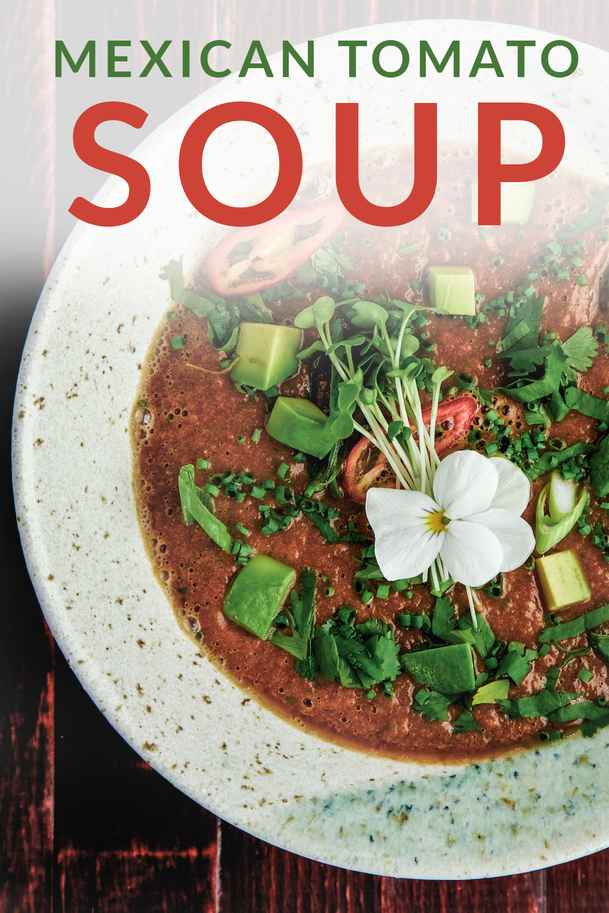 Raw Mexican tomato soup with garnish in a white bowl on a wooden bacground