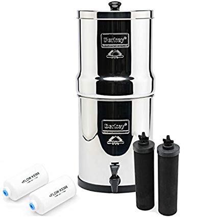 Berkey water filter with separate filters around it all on a white background