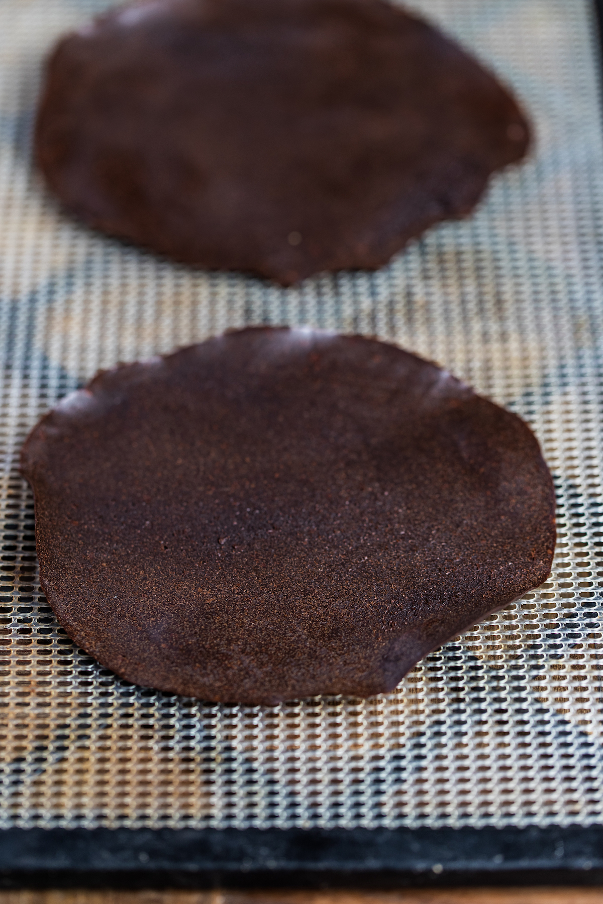 2 cacao crepes fully dehydrated on a mesh sheet