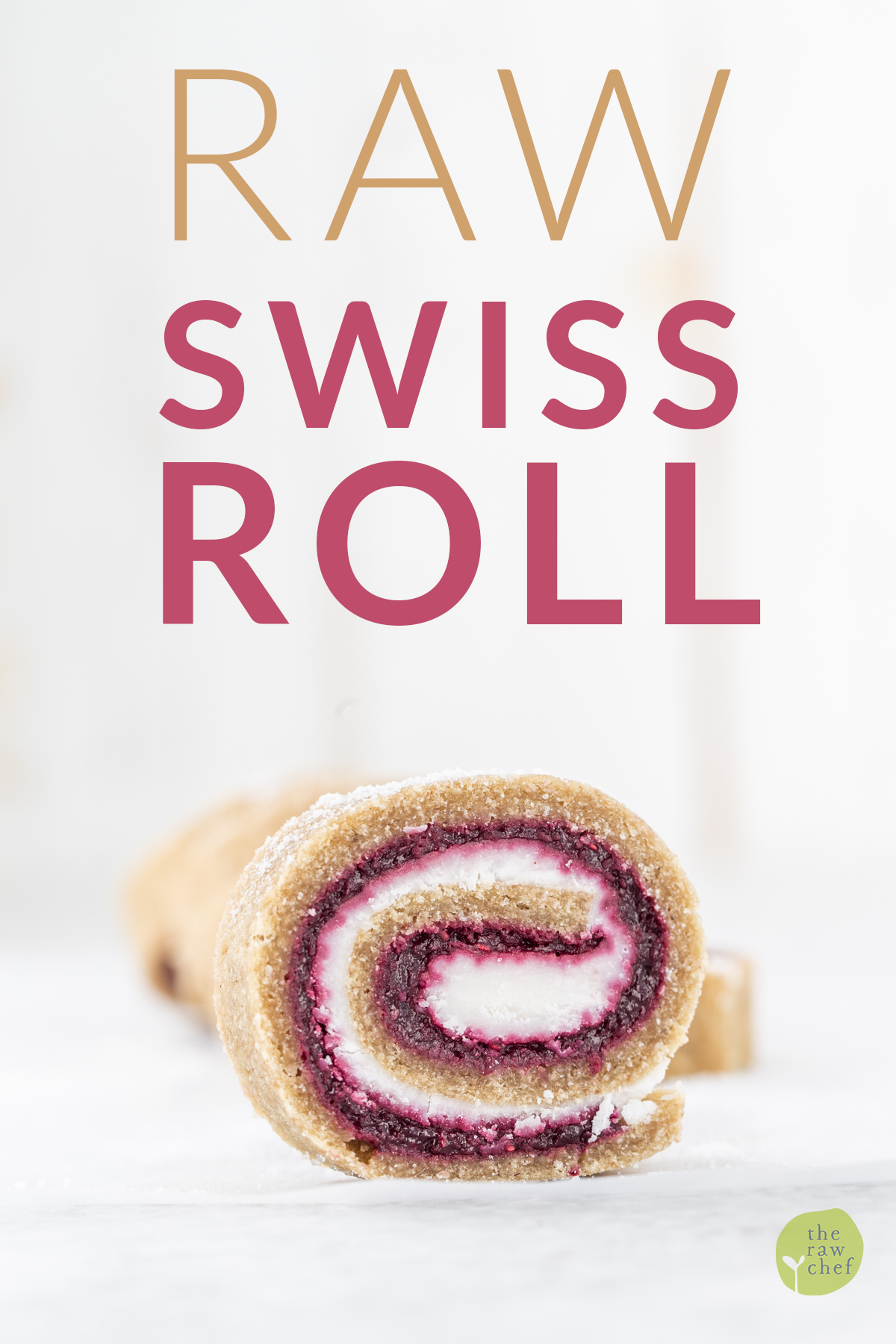 Raw Swiss Roll slice on a white background with text